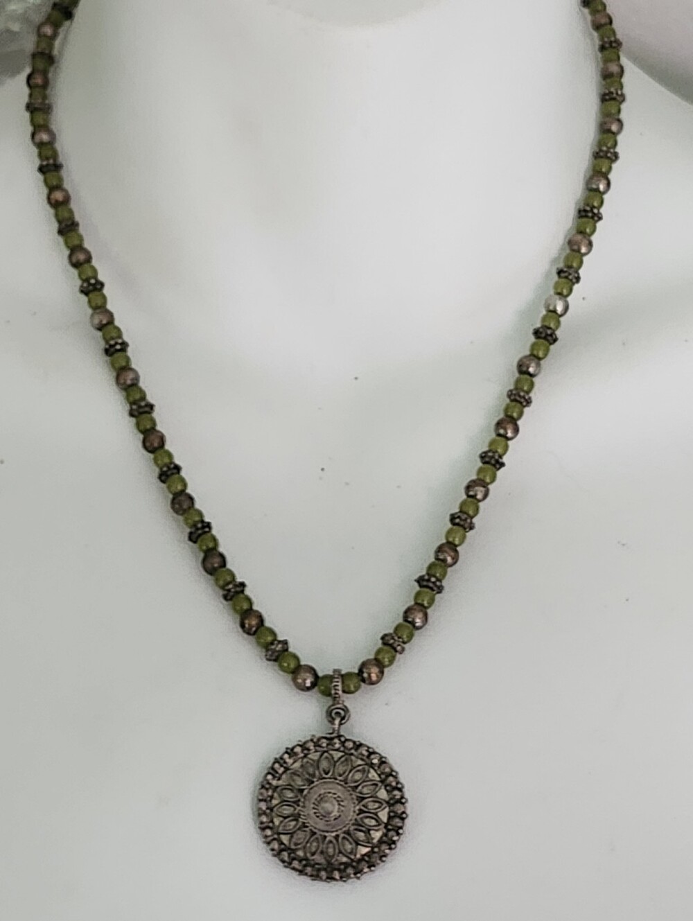 Vtg Napier Boho Olive Green Beaded Necklace With Medallion Pendant